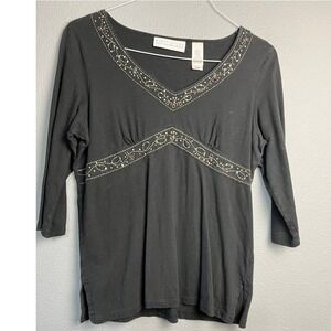 First Issue Liz Claiborne Babydoll Black Embroidered Beaded V-Neck 3/4 Sleeve Md